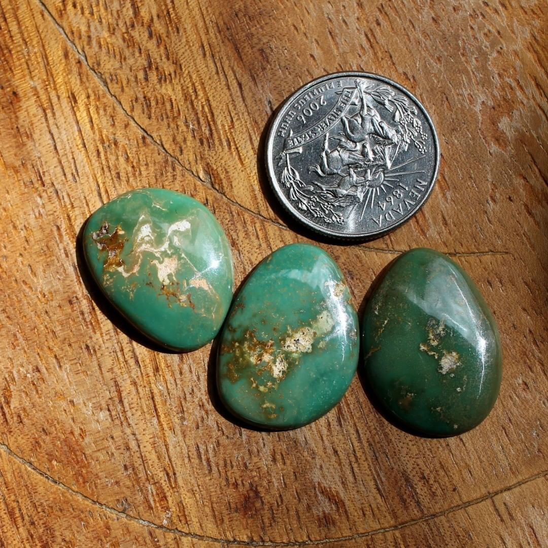 A trio of natural green turquoise cabochons (Stone Mountain Turquoise)
Instagram    $115 for 15, 13.8, 13.3 carats un-backed & untreated Nevada turquoise.
