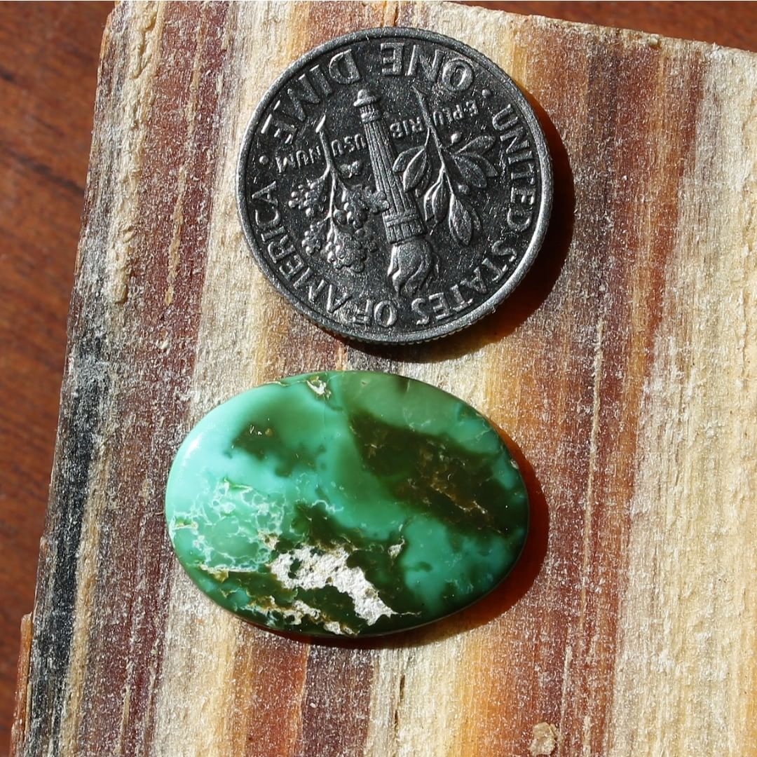 Natural green turquoise cabochon w/ interesting patterns (Stone Mountain Turquoise)
Instagram    $18 for 6.4 carats un-backed & untreated Nevada turquoise.

