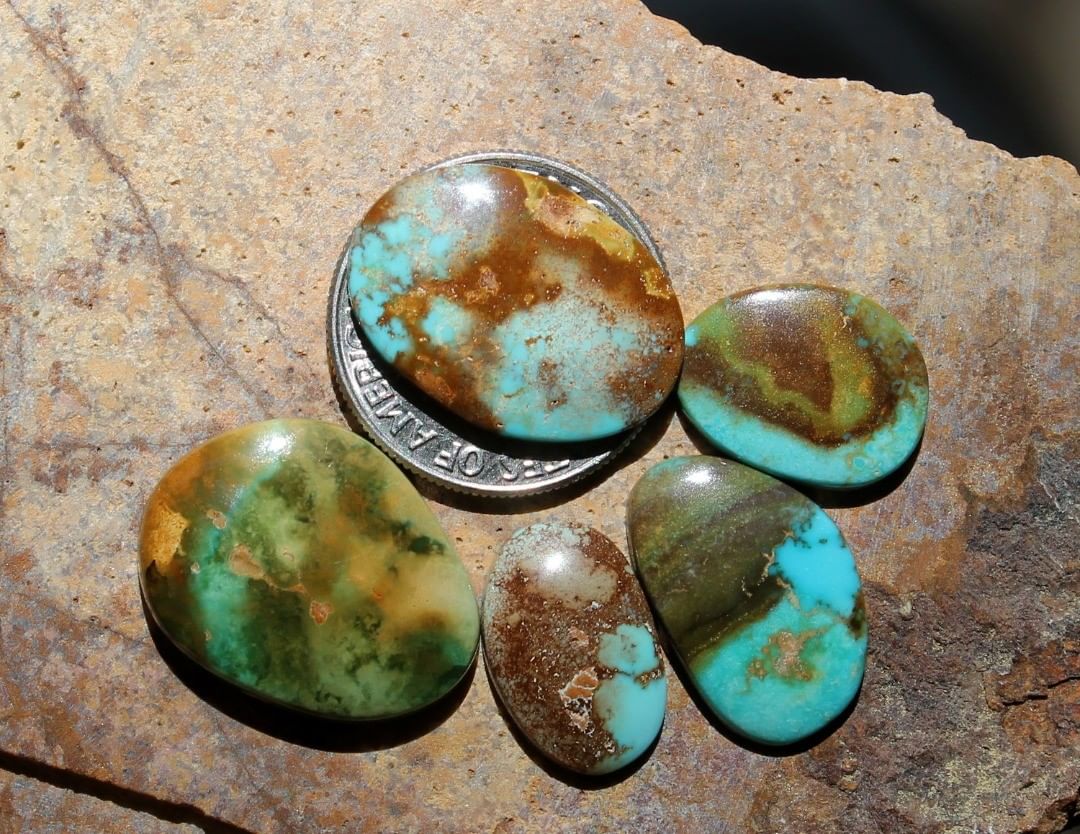 Natural Stone Mountain Turquoise cabochons w/ rare inclusions
Instagram    $55 for 7.1, 4.2, 3.1, 2.6, 2.2 carats untreated & un-backed Nevada turquoise.
