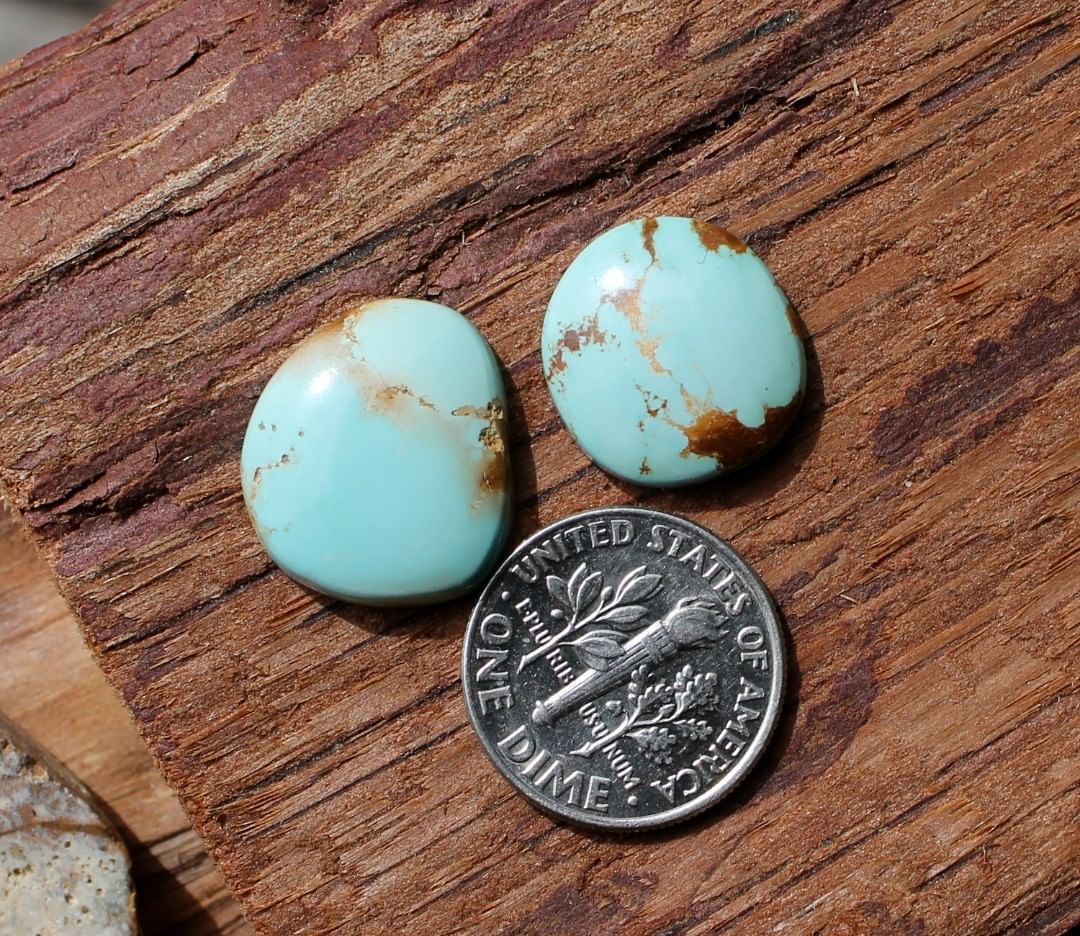 Two light blue turquoise cabochons with red matrix (Natural Stone Mountain Turquoise)
Instagram    $40 for 13.9 carats solid, un-backed & untreated Nevada turquoise. (8.0ct, 5.9ct